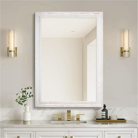 24 x 36 Rustic Wooden Framed Wall Mirror for Bathroom, White Wood with Orange Grain Vanity Rectangle Mirror for Over Sink, Waterproof, Decor Living Room, Bedroom, Entryway, Horizontal/Vertical