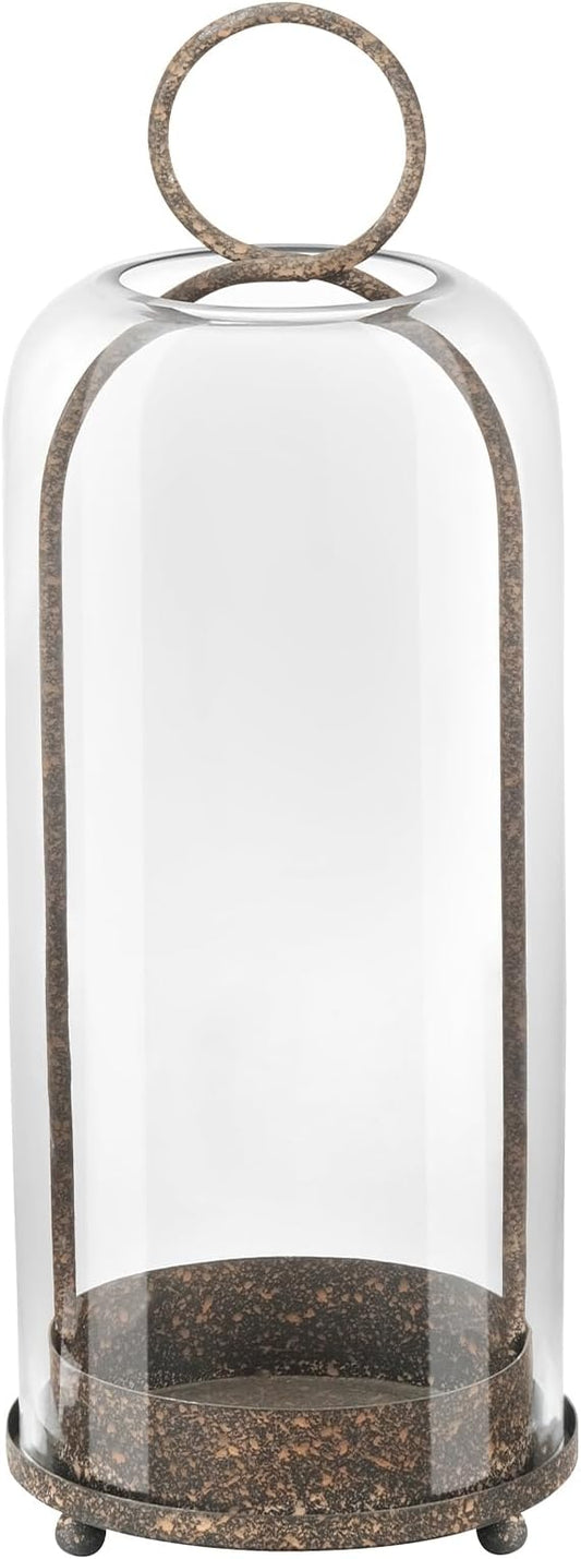 16" High Versatile Modern Metal Hurricane Lantern with Handmade Sturdy Glass Dome in Rustic Brown for Pillar Candle & Plants, Industrial, Farmhouse, Shabby Chic (Brown, 6.3:x16.5)