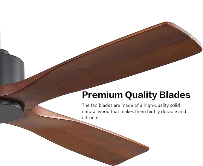 WINGBO 54 Inch DC Ceiling Fan without Lights, 4 Carved Solid Wood Blades, 6-Speed Noiseless Reversible DC Motor, Modern Ceiling Fan No Light with Remote, Black Finish with Walnut Blades, ETL Listed
