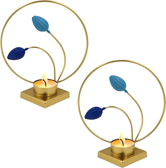 2-Pack Brass Floral Candle Holders – Elegant Leaf Design Tealight Holders for Table Centerpieces, Wedding, Housewarming & Holiday Décor (Blue Flower)