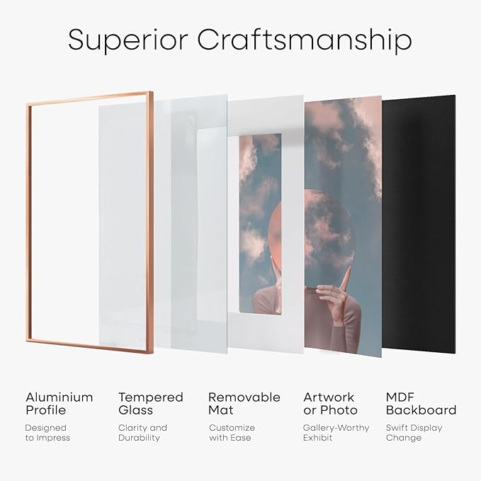 Homeforia 14x24 Picture Frame Rose Gold, High End Metal 14x24 Poster Frames with Mat 11x22 Photo, 14 x 24 Rose Gold Frame Matted to 11 by 22 Print, 24x14 Thin Frame, Tempered Glass, Wall Kit, Set of 1