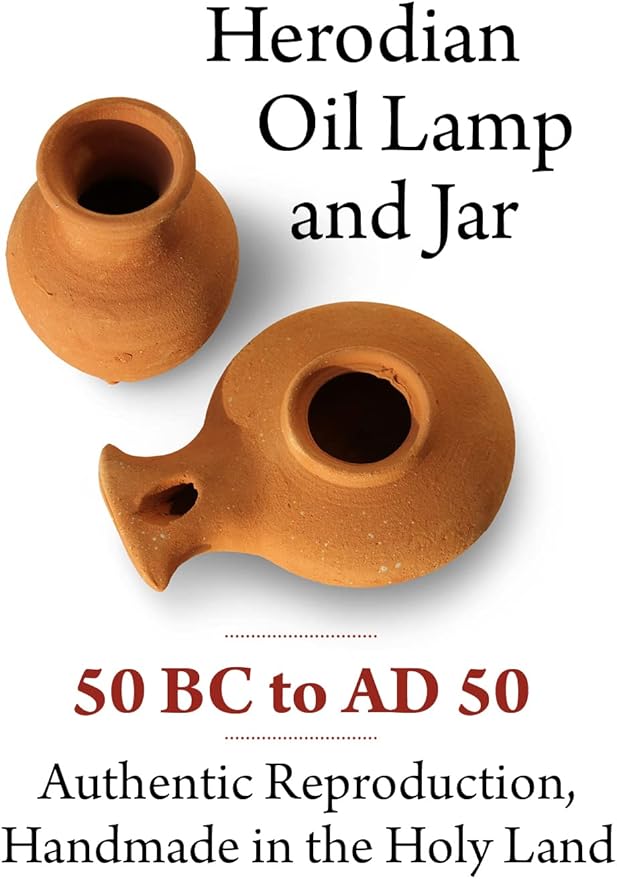 Biblical Herodian Clay Oil Lamp with Jar - Authentic Terracotta Replica from Holy Land Archaeological Finds - Handmade Christian & Jewish Faith Artifact