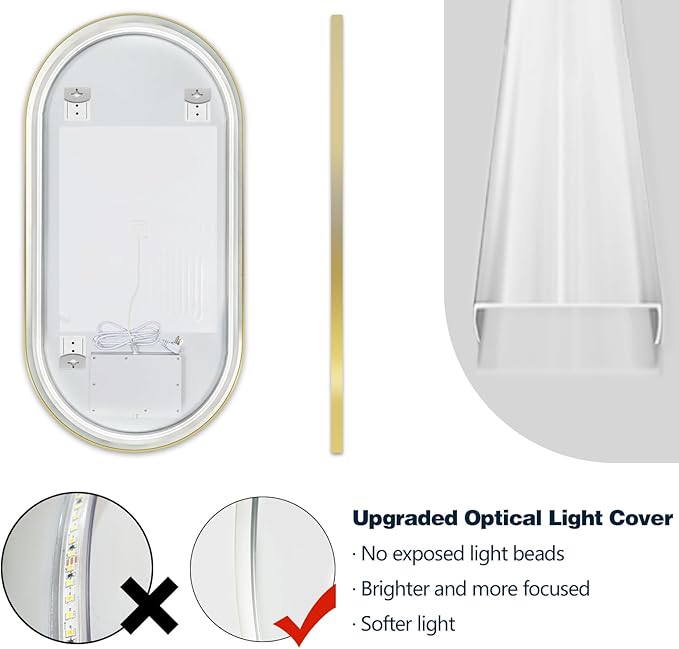 Niccy Oval LED Mirror for Bathroom, 48x30 Front Lit + Backlit Vanity Mirrors with Light Anti-Fog, Shatter-Proof, 3 Colors, Makeup Mirror with Old Gold Frame (Horizontal/Vertical)