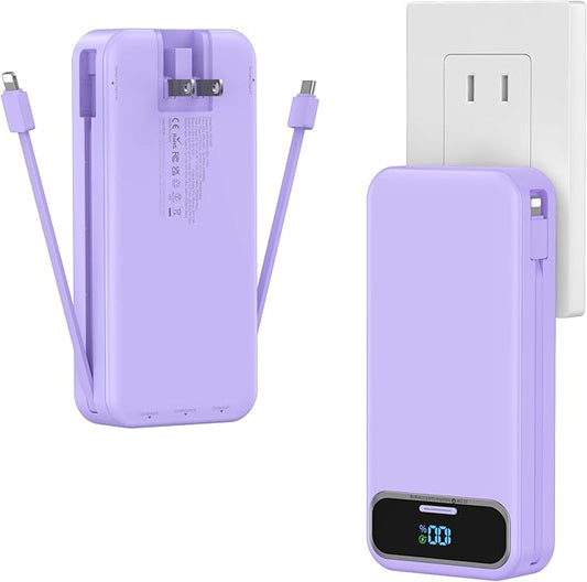 20000mAh Lightweight-Portable-Charger-Power-Bank with Built-in Cables and AC Wall Plug, PD20W USB-C Fast Charging Battery Pack, LED Display External Travel Phone Charger for All iPhone,Samsung,Android