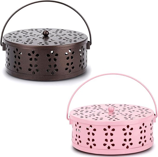 2-Pack Citronella Coil Holder Portable Iron Mosquito Coil Holder Incense Burner with Lid and Handle Round Coil Incense Holder (Bronze/Pink)