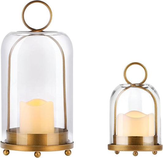 6" & 4" Wide Versatile Modern Metal Hurricane Lantern with Handmade Sturdy Glass Dome in Vintage Brass for Pillar Candle & Plants, Industrial, Farmhouse, Shabby Chic (Brass, 4"x7.5" &6.3"x11.2")