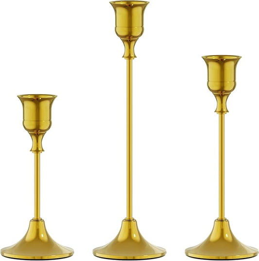 FSyueyun Gold Candle Holders Set of 3, Elegant Metal Candlestick Holders for Vintage Taper Candle Holders, Perfect for Table Centerpieces, Fireplace Mantels, Home Decor, Weddings and Party Decorations