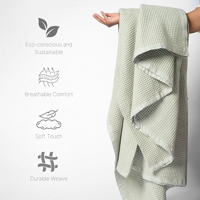 GOTS Certified Organic Cotton Waffle Weave Blanket, Queen Bed Size, 90"X90"Cozy Throw Blanket for Couch, Modern Home Decor, Throw Blankets,Comfy Waffle Blanket Soft Bed Blankets -Sea Foam