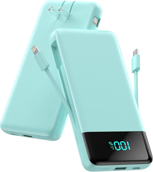 Portable Charger for iPhone,13800mAh Slim Power Bank with Built-in Cables & AC Wall Plug,All in One 4 Outputs USB C Fast Charging Battery Pack Travel Essential for iPhone 17/16/15/14,Android (Green)