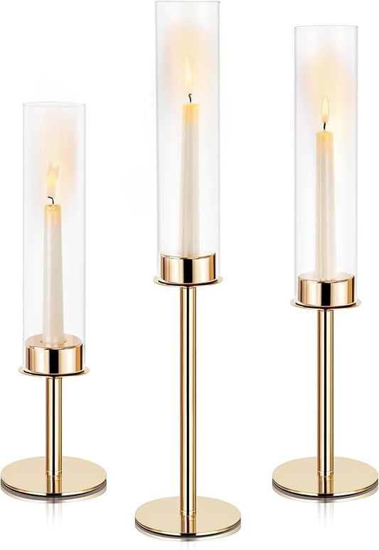 Hurricane Candle Holders Set of 3 Metal Candlestick Holder for Glass Taper Tall Candle Holders with Crystal Chimney Tube Candles Stands for Home Decor, Christmas, Dinning (3, Gold)