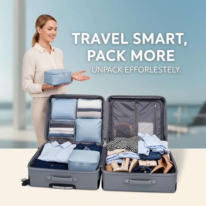 8-Piece Travel Compression Packing Cubes Set - Luggage Organizers for Suitcases - Space Saving Storage Bags for Clothes Travel Essentials (Black)
