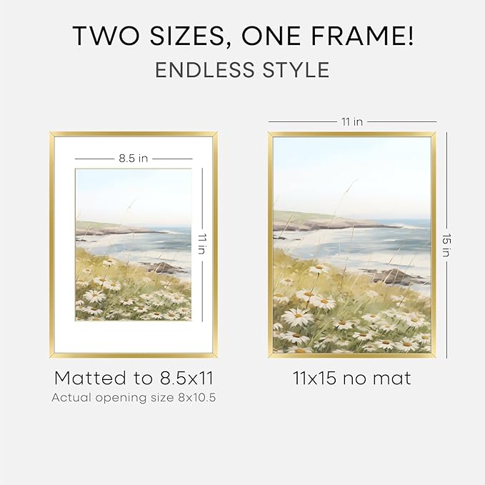 Homeforia 11x15 Picture Frame Gold, High End Metal 11x15 Poster Frames with Mat for 8.5x11, 11 x 15 Gold Frames Matted to 8.5 x 11 inch Photo, 11by15 Hanging Frames, Tempered Glass, Wall Kit, Set of 1