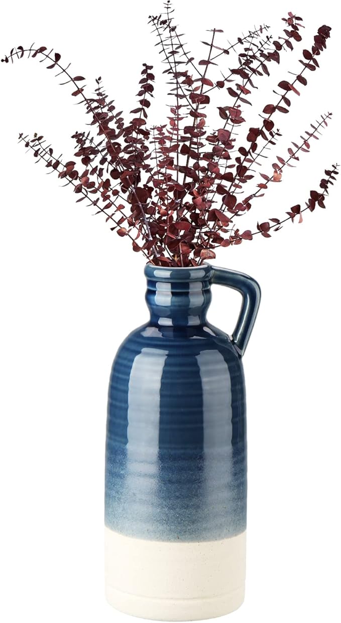 12.5" Blue Ceramic Vase for Home Decor Large Decorative Vase Boho Pottery Bud Vase for Flowers Rustic Farmhouse Tall Single Flower Vase for Centerpieces Pampas Grass