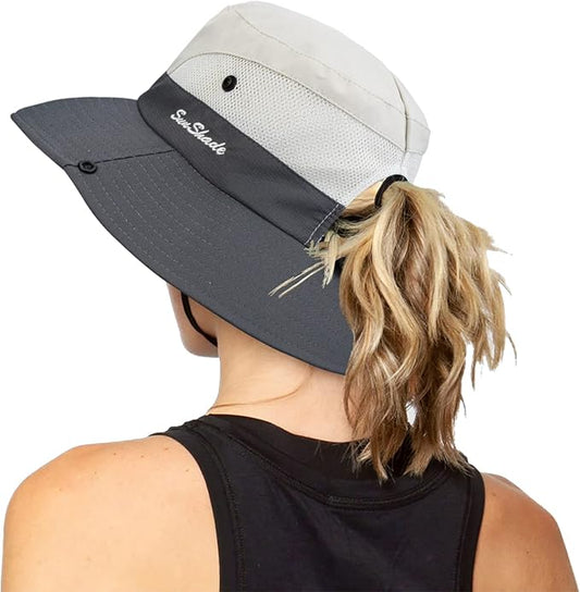 Women's Outdoor UV-Protection-Foldable Sun-Hats Mesh Wide-Brim Beach Fishing Hat with Ponytail-Hole