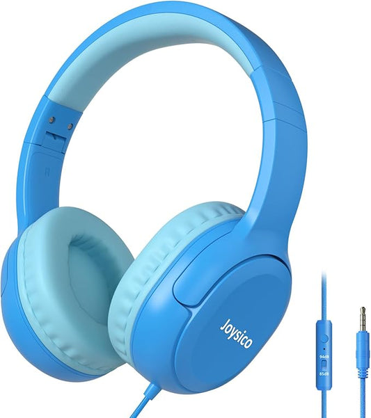 Kids Headphones with Cord & Mic for School Class Airplane Travel, 85/94dB Volume Limit Over Ear Earphones for Boys Girls Teens, Wired Foldable Headset for iPad Tablet Kindle Laptop PC Blue