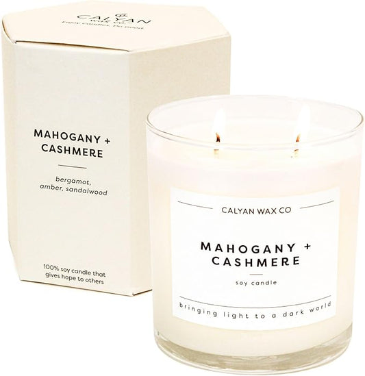 Calyan Wax Co. Mahogany & Cashmere 2 Wick Scented Candle - 37 Hour Burn - Luxury Non Toxic Soy Wax Candles - Long Lasting Large Glass Jar Candle for Home - 8.8oz