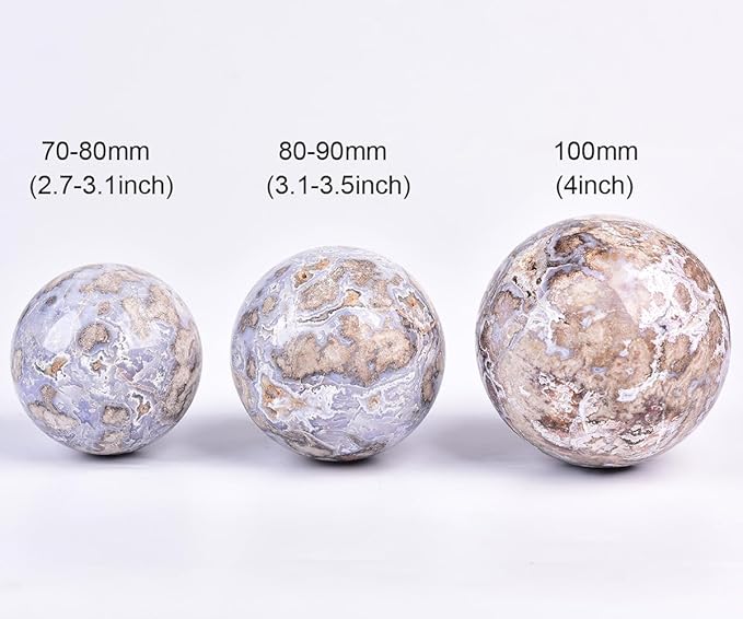 JIC Gem Large Blue Cherry Blossom Agate Crystal Ball with Stand Crystal Sphere Natural Sakura Flower Agate Stone Reiki Healing Meditation Witchcraft Home Decor 2.7-3.1 inch(70-80mm)