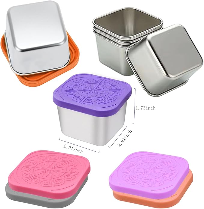 304 Premium Stainless Steel Snack Containers with Silicone Lids, Snackle Box Containers, Easy-Open Leak-Proof Kids for Taking Out for a Picnic, Lunch Box and Travel. (Purple Pink Green-3, 6 OZ)