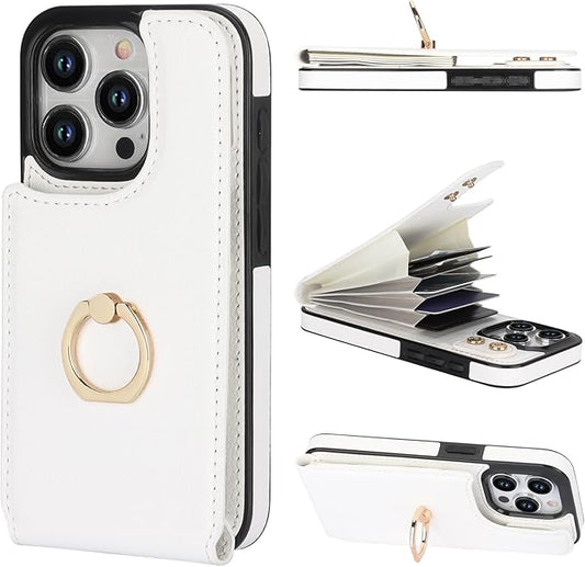 Folosu Compatible with iPhone 15 Pro Case Wallet with Card Holder, 360°Rotation Finger Ring Holder Kickstand, RFID Blocking Leather Protective Double Buttons Shockproof Cover 6.1 Inch White