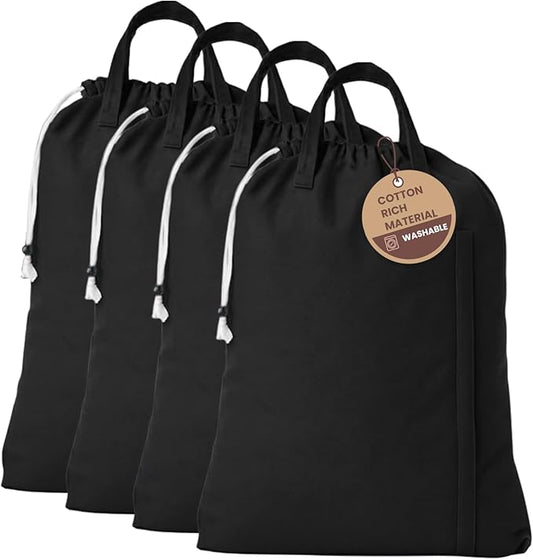 LFH Home Large Premium Cotton Canvas Laundry Bag with Drawstring and Handles Heavy Duty, Multi-Use, and Washable for Home, Travel, College or Storage 28x36 (Pack of 4)-Black