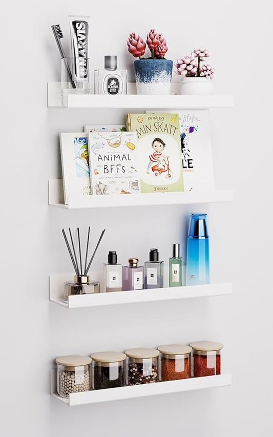 Albumgit 4 Pack Acrylic Shelves for Wall Storage, Self-Adhesive 15" White Floating Shelf for Pop Figures, Picture, Perfume, Books, Wall Shelf Organizer for Bathroom, Living Room, Bedroom, Kitchen