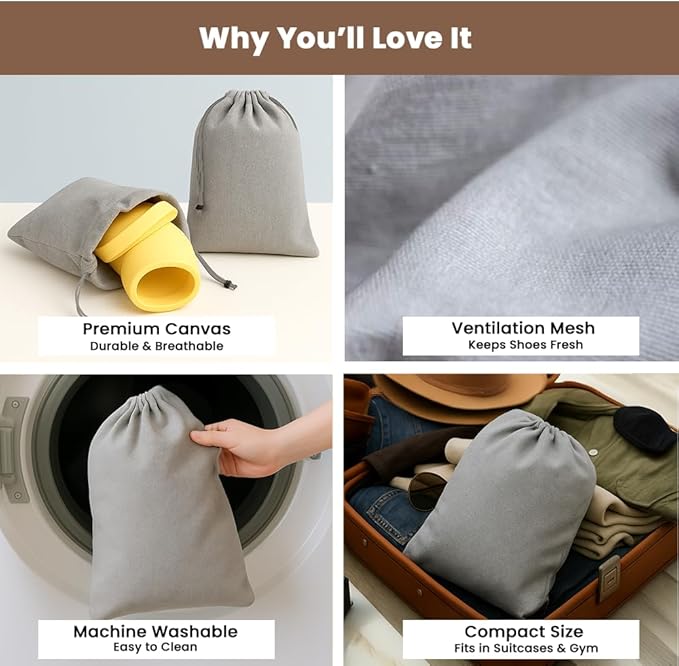 LFH Cotton Rich Shoe Storage Bags with Drawstring, Dustproof Breathable Reusable Organizer, Perfect For Travel, Dorm, Hotel, College, Gym, Easy to Carry, Machine Washable 12"x17" (Pack of 6) - Grey