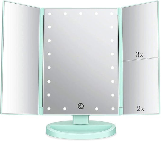 Tri-fold Lighted Vanity Makeup Mirror with 3x/2x Magnification,21 LEDs Light and Touch Screen,180 Degree Free Rotation Countertop Cosmetic Mirror,Travel (Green)