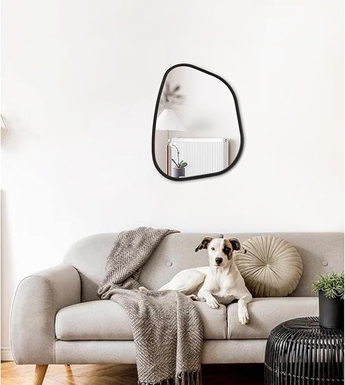 Irregular Bathroom Mirror Modern Oval Wall Mirror Asymmetrical Wooden Framed Wall Mirror Unique Shape Wall Mounted Vanity Artistic Mirror Decor for Living Room Bedroom Entryway Small 16"x12"