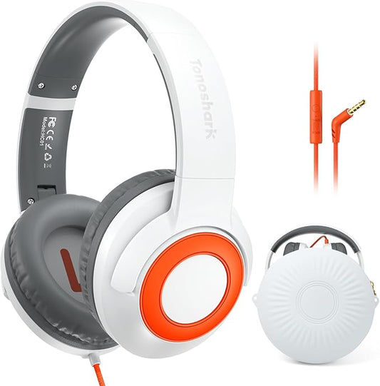 Kids Wired Headphones with Microphone, Volume Limited to 85/94dB, Foldable 3.5mm Jack Headset for Girls, Pink Over-Ear Headphones for School, Study & Travel, Includes Carry Case（White）