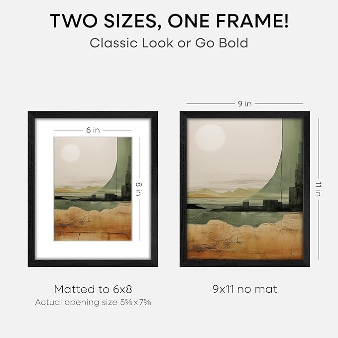 Homeforia 9x11 Black Wood Picture Frame, High End Oak 9 x 11 Frames with Mat 6 by 8 Print, 9by11 Black Wooden Frame Matted to 6x8 inch Photo, Wall or Tabletop Frame, Tempered Glass, Wall Kit, Set of 1