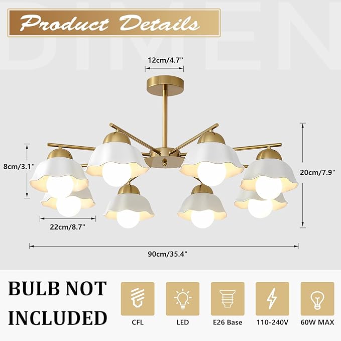 8 Lights Gold Sputnik Chandelier Light Fixture Large Mid Century Modern Milk Glass Sputnik Ceiling Lighting Fixtures Nordic Semi Flush Mount Ceiling Light Fixture for Living Room MCL08-8 GD