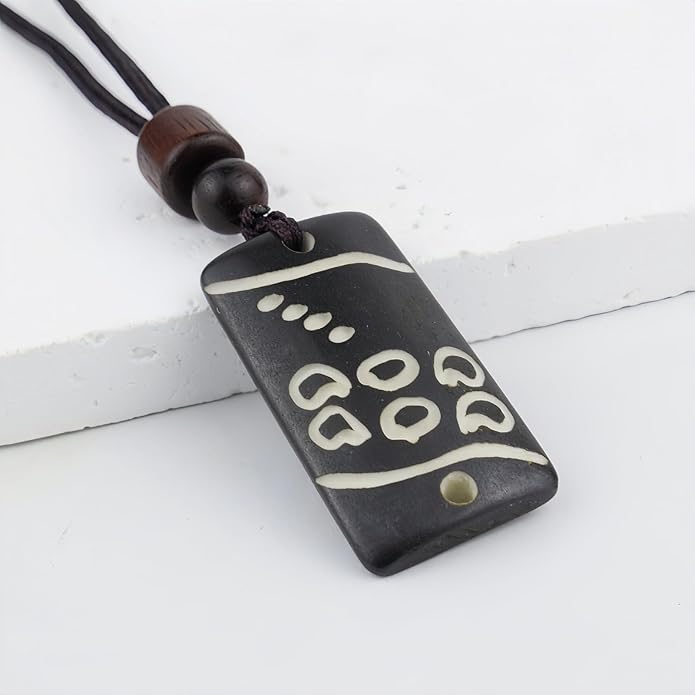 Handmade Black Bull Bone Pendant Necklace, Traditional Tribal Design, Wooden Beads, Adjustable Braided Rope, 24 Inch, Surfer Style