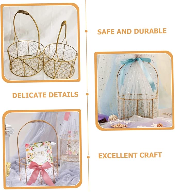 Round Wire Basket with Handle Decorative Storage Basket for Wedding Flower Girl Fruits Crafts Versatile Home Organizer for and Decor