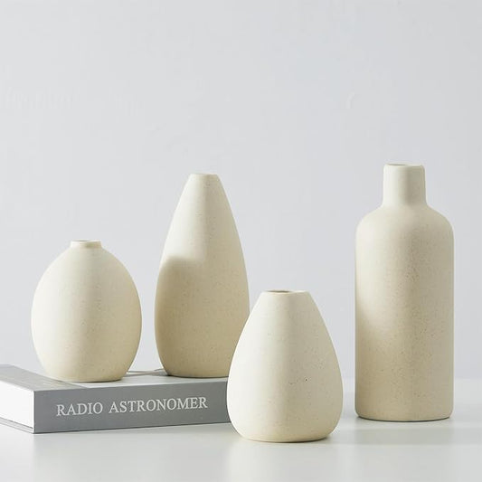 CEMABT Beige Ceramic Vase Set - 4 Small Unique Flower Vases for Centerpieces, Decorative Modern Vases for Home Decor