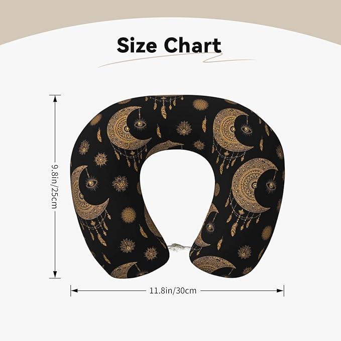 Comfortable Memory Foam Neck Pillow Mandala Boho Crescent Moon Sun Dream Catcher, Travel U Shaped Airplane/Car/Flight Pillows with Removable Zipper Cover, Chin Head Neck Support Cushion