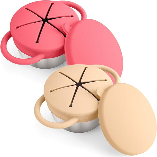 2-Pack Stainless Steel Snack Containers for Kids with Spill-Proof Silicone Lids & Handles - 3-in-1 Baby Snack Cups, No-Spill Toddler Snack Box, Perfect for On-the-Go Healthy Eating（Yellow+Red）