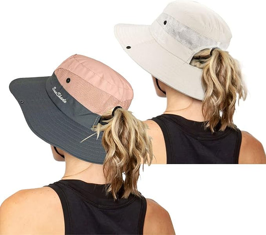 Women's Outdoor UV-Protection-Foldable Sun-Hats Mesh Wide-Brim Beach Fishing Hat with Ponytail-Hole