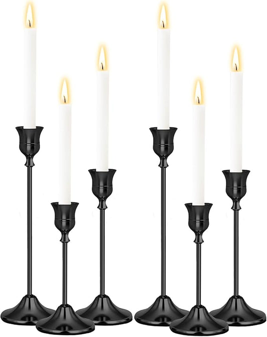 Black Candlestick Holders Set of 6, Weighted, Metal Taper Candle Stick Holders, Vintage Christmas Brass Home Decor for Table, Mantel, Room Decorations Housewarming Gift Black-6