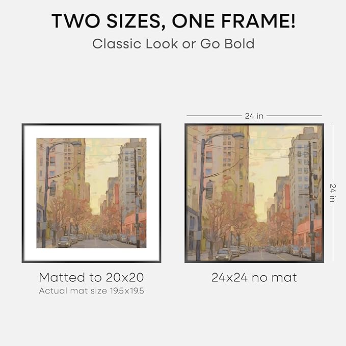 Homeforia 24x24 Picture Frame Black, High End Metal 24 x 24 Large Square Poster Frame Matted to 20 x 20 in Photo, 24by24 Thin Black Frames with Mat 20x20 inch Print, Tempered Glass, Wall Kit, Set of 2