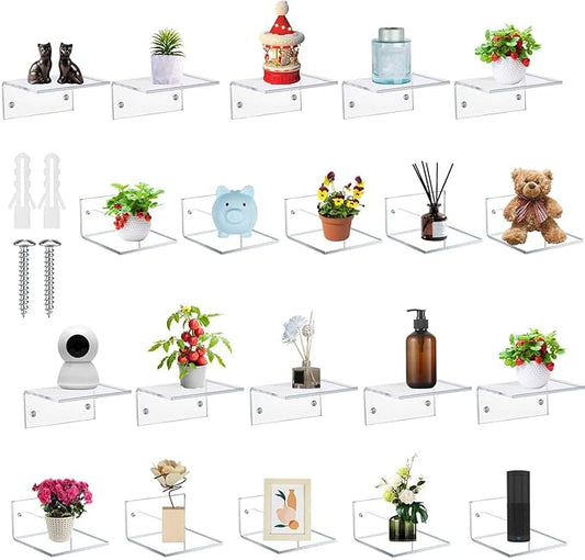 Juexica Small Acrylic Floating Shelves for Wall Adhesive Wall Mounted Shelves for Bathroom, Bedroom, Living Room, Office (White,20 Pcs)