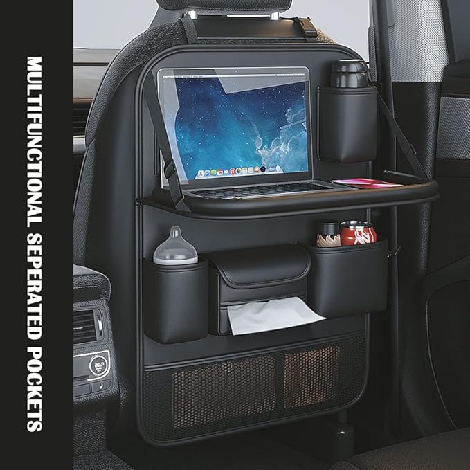 2 Pack Leather Car Backseat Organizer with Foldable Table Tray, Car Storage Organizer with Tablet Holder, Car Seat Back Protectors Kick MatsTravel Accessories