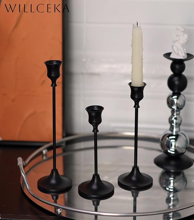 Willceka Black Candlestick Holders, Taper Candle Holders, Set of 6 Matte Black Candle Holder Set, Vintage Table Centerpiece for Wedding Christmas Holiday