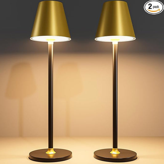 2-Pack Cordless Table Lamps - 5000mAh Rechargeable Battery Operated Desk Lamp, 3-Level Dimmable LED Night Light for Bedroom, Dining, Restaurant - Metal Design(Gold&Black 2-Pack)