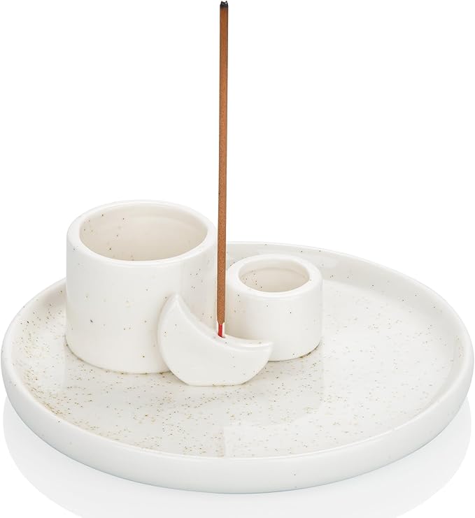 ZenBless 4 in 1 Incense Burner Holder, Palo Santo Holder, Sage Holder for Burning, Incense Holder for Sticks, Candle Holder, Ceramic Ash Catcher Tray for Meditation Yoga Room Home Decor (White)