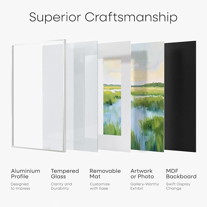 Homeforia 13x19 Picture Frame White, High End Metal 13 x 19 Poster Frames with Mat 11 x 17 for Photo, 13x19 White Frame Matted to 11x17 inch Print, 19x13 Thin Frame, Tempered Glass, Wall Kit, Set of 1