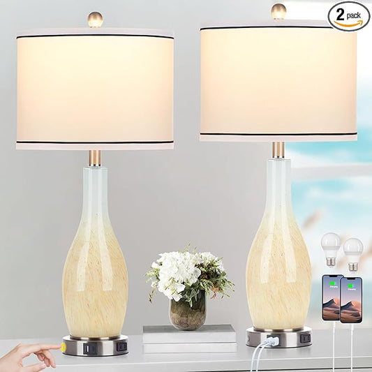 27" Glass Table Lamps Set of 2 with Nightlight, 3 Way Touch Control Modern Bedside Lamps with USB A+C Ports & AC Outlet, Boho Yellow Nightstand Lamps for Bedroom Living Room