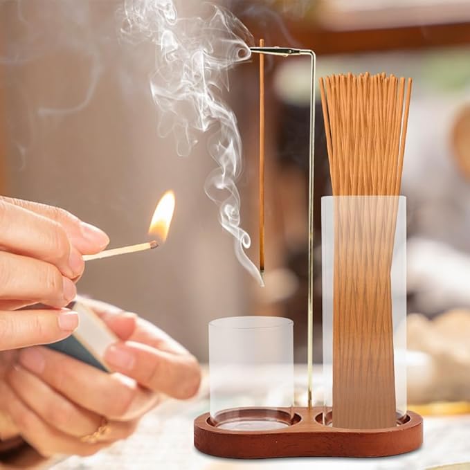 2 in 1 Incense Holder for Sticks, Anti-Ash Flying Incense Burne with Glass Ash Catcher and Incenses Sticks Storage, Hang Upside Down for Yoga, Spa, Meditation, Wooden Home Decor