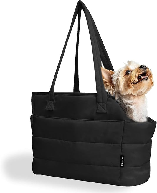 STRAODTIC Lightweight Dog Purse Carrier for Small Dogs Under 15 lbs, Puffy Quilted Pet Carrier Tote for Puppies with Safety Leash Clip, Women's Hands-Free Dog Carrier Bag for Travel/Shopping (Black)