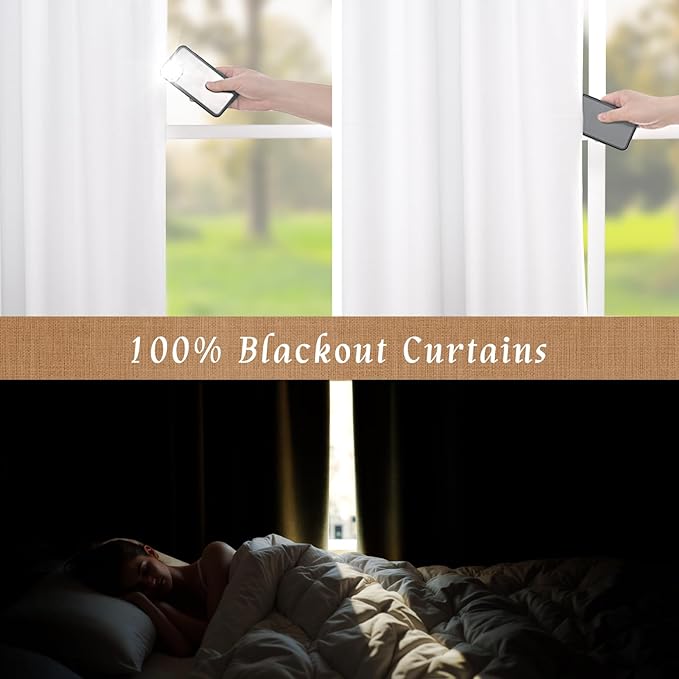 LAMIT White 100% Blackout Linen Curtains, 63 Inches Linen Textured Thermal Bedroom Curtains Back Tab and Rod Pocket Neutral Panels with White Liner for Short Windows, 2 Panels, 38 x 63 Inch