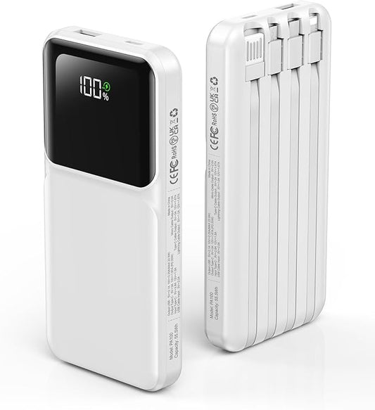 Portable Charger with Built in Cable - Power Bank Fast Charging USB C LED Display 10000mah Battery Pack 5 Outputs & 3 Inputs for Travel Essentials iPhone Samsung Android Phones Tablets Grey